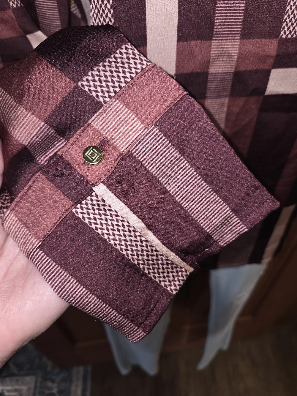 Liz Claiborne Burgundy and Blush Plaid‎ Long-Sleeve Blouse